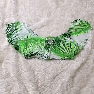 Tinibikini White Green Palm Print Ruffle Off Shoulder Bikini Swim Suit Top
